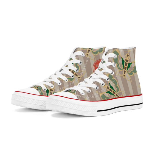 Premium high-top canvas sneakers featuring vibrant orange and black butterflies fluttering among delicate pink cherry blossoms on a clean white background.