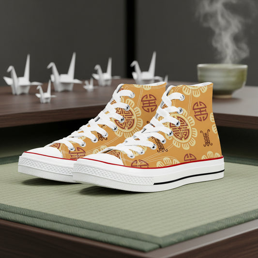 Premium high-top canvas sneakers featuring a minimalist and artistic all-over print of traditional Japanese origami cranes and geometric folded paper shapes.