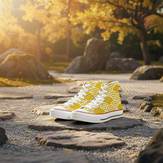 Premium golden yellow high-top canvas sneakers featuring a delicate all-over white floral and vine pattern, inspired by the sun-drenched gardens of Kyoto.