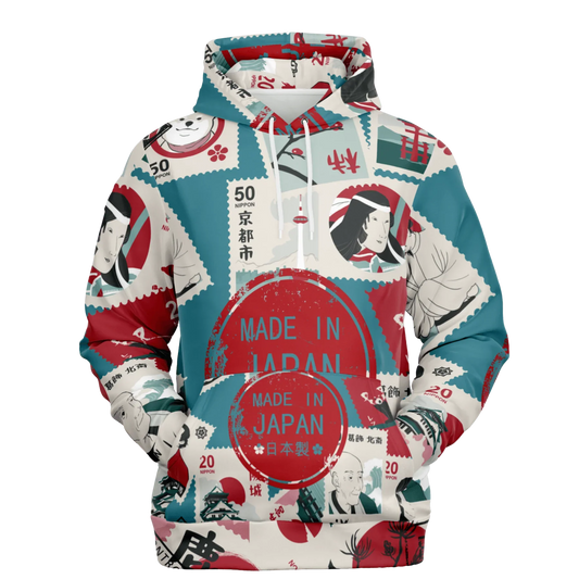 A high-quality black pullover fashion hoodie featuring a minimalist white typographic design that reads "Made in Japan" in both English and Japanese Kanji, styled with a clean, modern aesthetic.