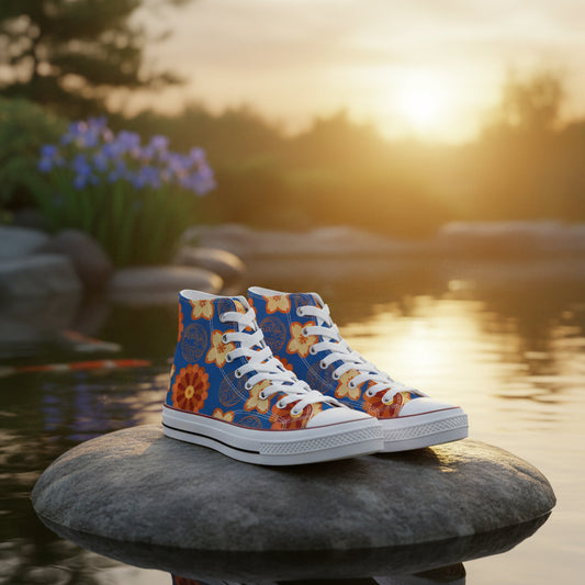 Premium high-top canvas sneakers featuring a striking all-over print of traditional Japanese floral and wave motifs in a vibrant orange and deep blue color palette.