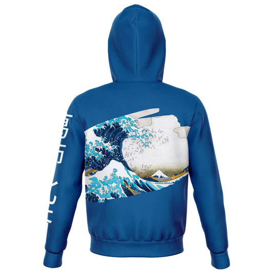 Under the Wave off Kanagawa (Kanagawa oki nami ura), also known as The Great Wave, from the series Thirty-six Views of Mount Fuji (Fugaku sanjūrokkei) by Katsushika Hokusai . Design applied on the back of the hoodie, with 2 waves on the fron pocket and the full painting inside the hood. The hoodie is royal blue