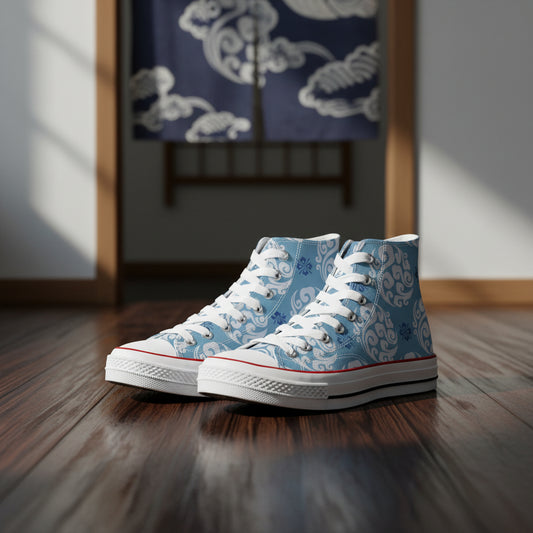 Premium deep blue high-top canvas sneakers featuring an intricate all-over white floral and geometric pattern inspired by traditional Japanese indigo dyeing.