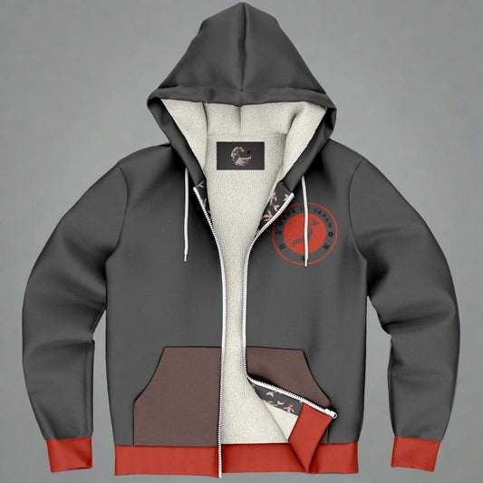 A high-quality, thick black winter pullover hoodie featuring a large, detailed white ink-wash graphic of a Koi fish swimming against a backdrop of frozen waves.