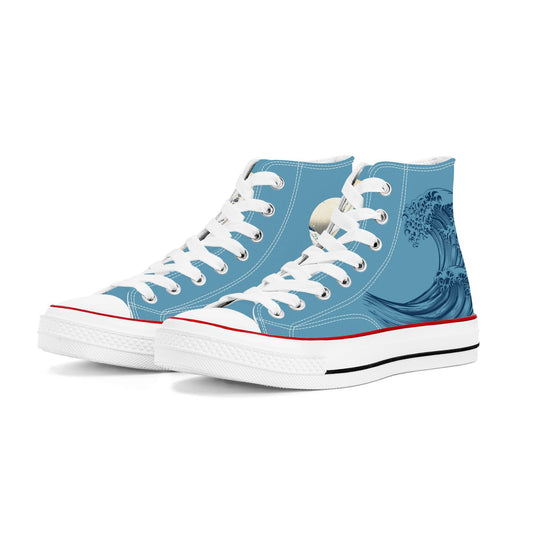 The Great Wave High Top Blue Canvas Shoes - Kaito Japan Design