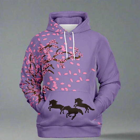 A high-quality black pullover fashion hoodie featuring a minimalist white illustration of a galloping horse surrounded by falling cherry blossom petals, inspired by traditional Japanese ink-wash painting.