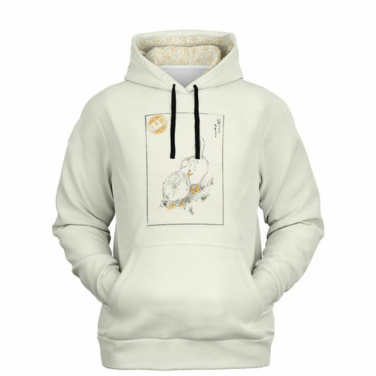 A high-quality black pullover fashion hoodie featuring a minimalist white illustration of wild geese, inspired by 18th-century woodblock prints from the Meika Gafu anthology.