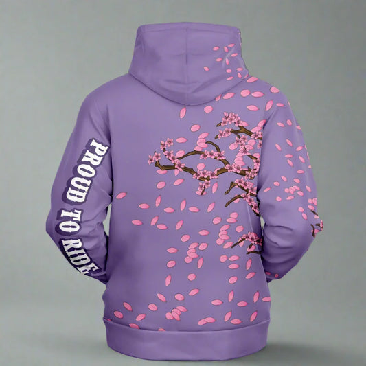 Back of the Purple Hoodie, where we can see the words: "PROUD TO RIDE" written on the left arm. A Cherry Blossom is fin pink flower on the right side of the granment