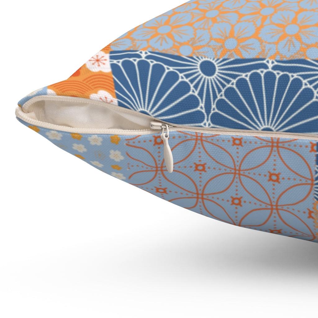 Blue and Orange Wagara Patchwork Square Pillow