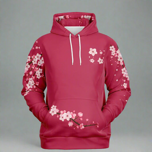 Premium red pullover hoodie featuring a delicate, high-definition Japanese cherry blossom (Sakura) branch design across the chest.