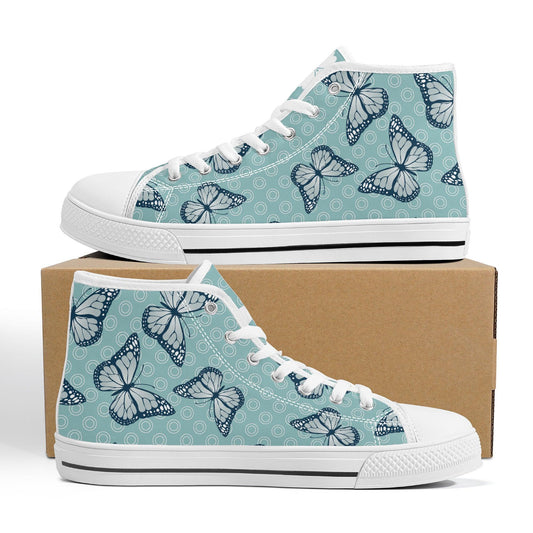 Premium high-top sneakers featuring a vintage indigo and cobalt blue butterfly illustration by Edo-period artist Keisai Eisen, set against a clean white canvas background.