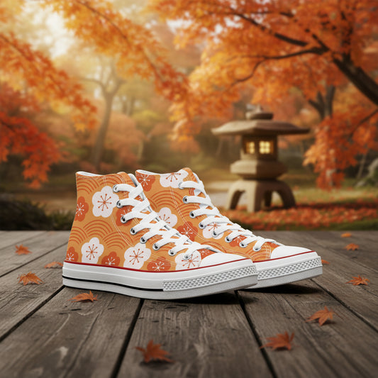 Premium orange high-top canvas sneakers featuring an intricate all-over white floral and vine pattern, inspired by the warm tones of a Japanese autumn