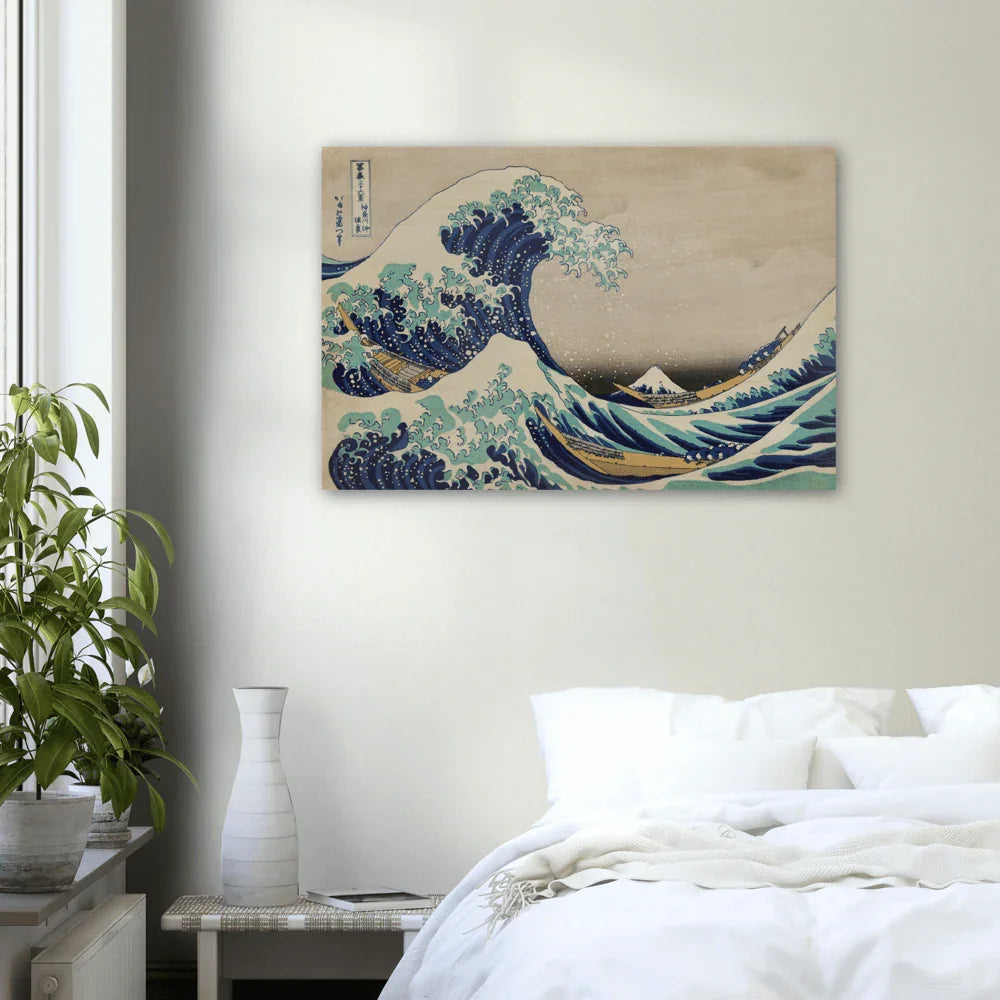 The Great Wave Off Kanagawa print by Hokusai on a large wood panel, ready to hang in a modern bedroom.