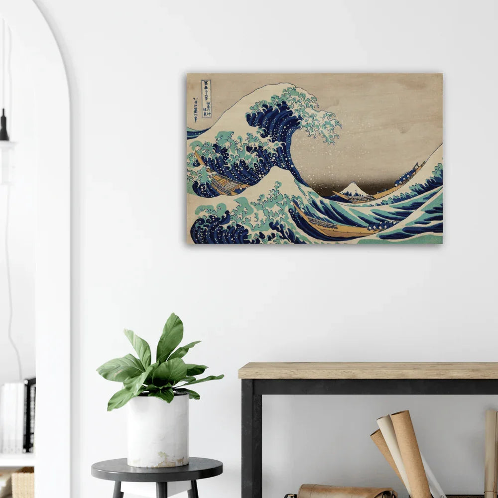 The Great Wave Off Kanagawa print by Hokusai on a large wood panel, ready to hang in a modern office.