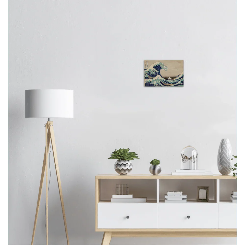 The Great Wave Off Kanagawa print by Hokusai on a large wood panel, ready to hang in a modern living room.