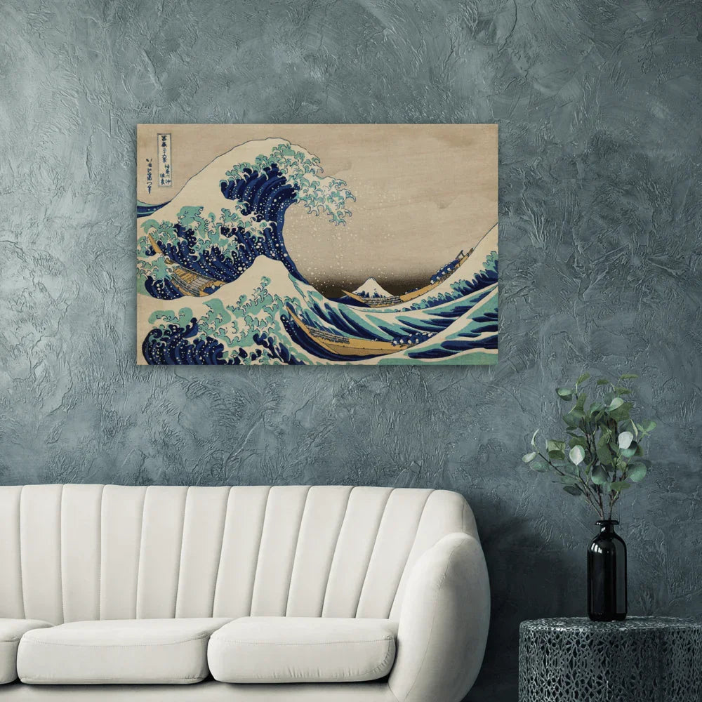 The Great Wave Off Kanagawa print by Hokusai on a large wood panel, ready to hang in a modern living room.