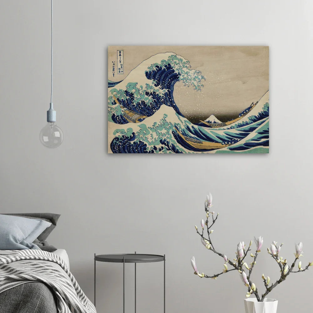 The Great Wave Off Kanagawa print by Hokusai on a large wood panel, ready to hang in a modern bedroom.