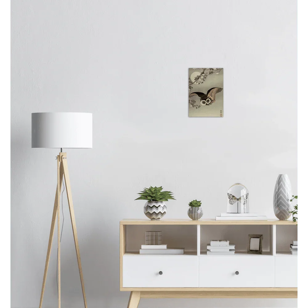 Scops Owl in Flight, Cherry Blossoms and Full Moon By Ohara Koson