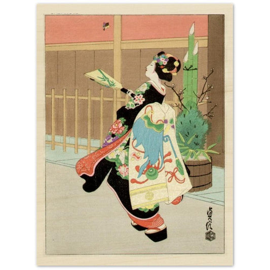 A wood print featuring a Maiko playing shuttlecock, with a New Year's Day ornament in the background.