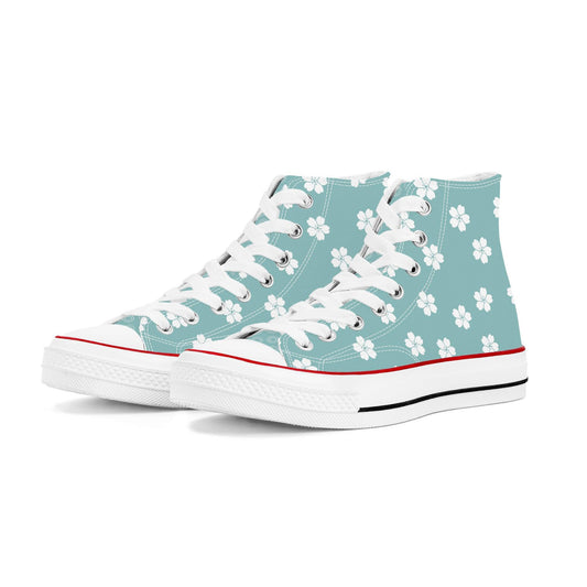 Premium deep blue high-top canvas sneakers featuring an all-over artistic pink cherry blossom (Sakura) print with a classic 8-eyelet design.