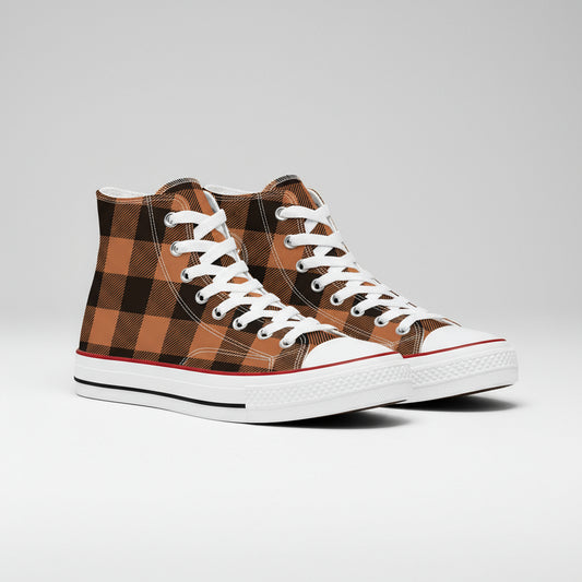 Premium high-top canvas sneakers featuring a classic black and white checkered Ichimatsu pattern, a traditional Japanese motif representing prosperity and continuity.