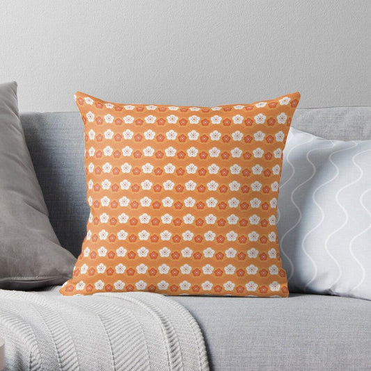 White & Orange Sakura Square Pillow