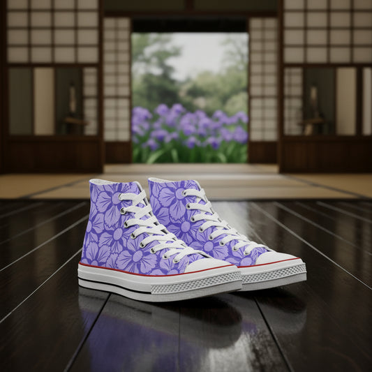 Premium deep purple high-top canvas sneakers featuring an intricate all-over white floral and vine pattern, inspired by the royal gardens of Kyoto.