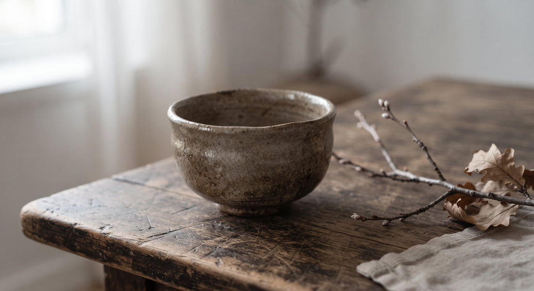 A rustic, textured ceramic tea bowl with subtle crackle glaze resting on a weathered natural wood table beside a single seasonal branch.