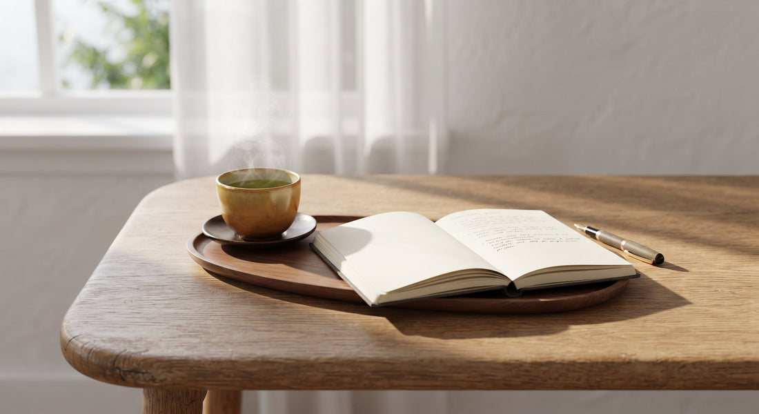 A tranquil morning scene with a journal, a warm cup of green tea, and morning sunlight casting soft shadows across a minimalist wooden desk.