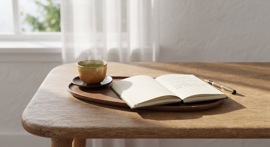 A tranquil morning scene with a journal, a warm cup of green tea, and morning sunlight casting soft shadows across a minimalist wooden desk.