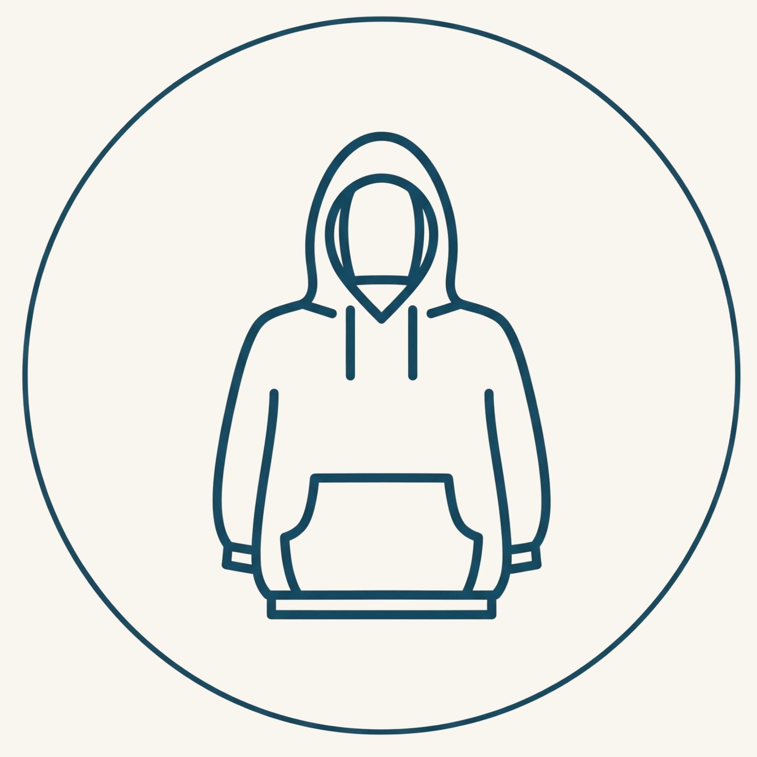 Outline of a hoodie in a circular icon on a light gray background