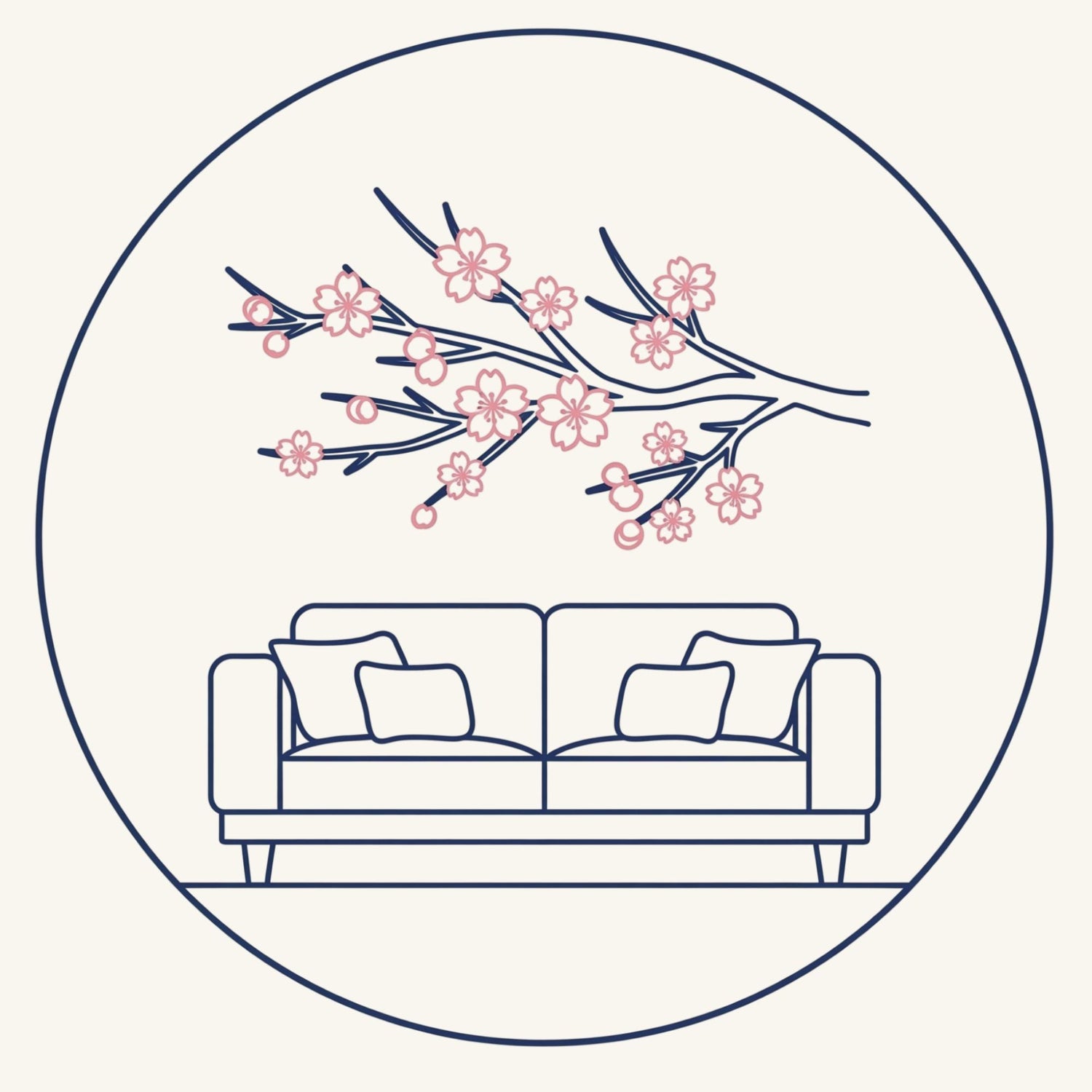 Outline of a couch with pillows and cherry blossom branches on a white background