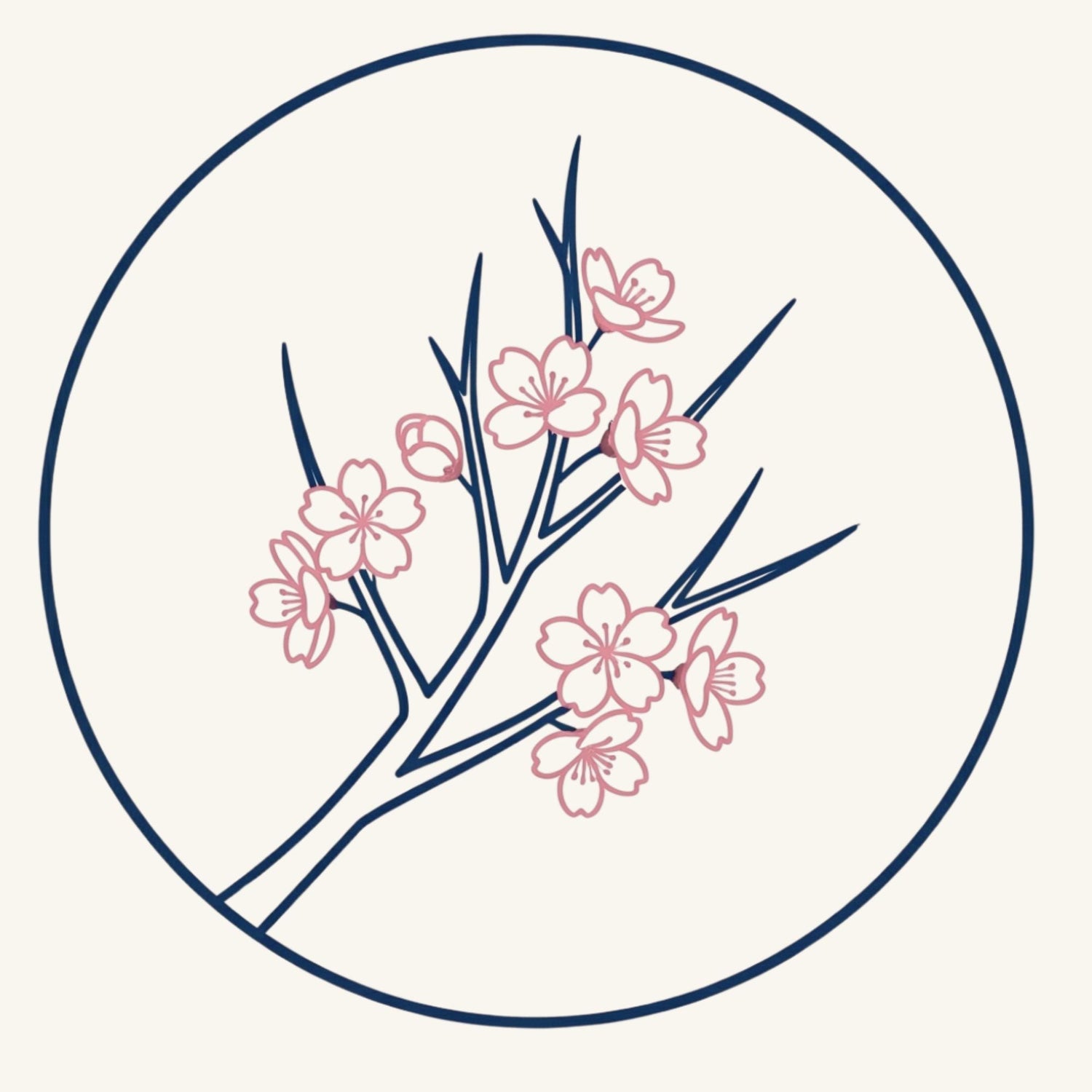 Simplified illustration of a cherry blossom branch with pink flowers inside a circle on a white background