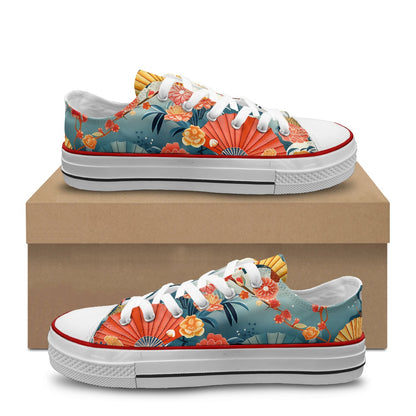 Colorful floral sneakers with a box on a white background