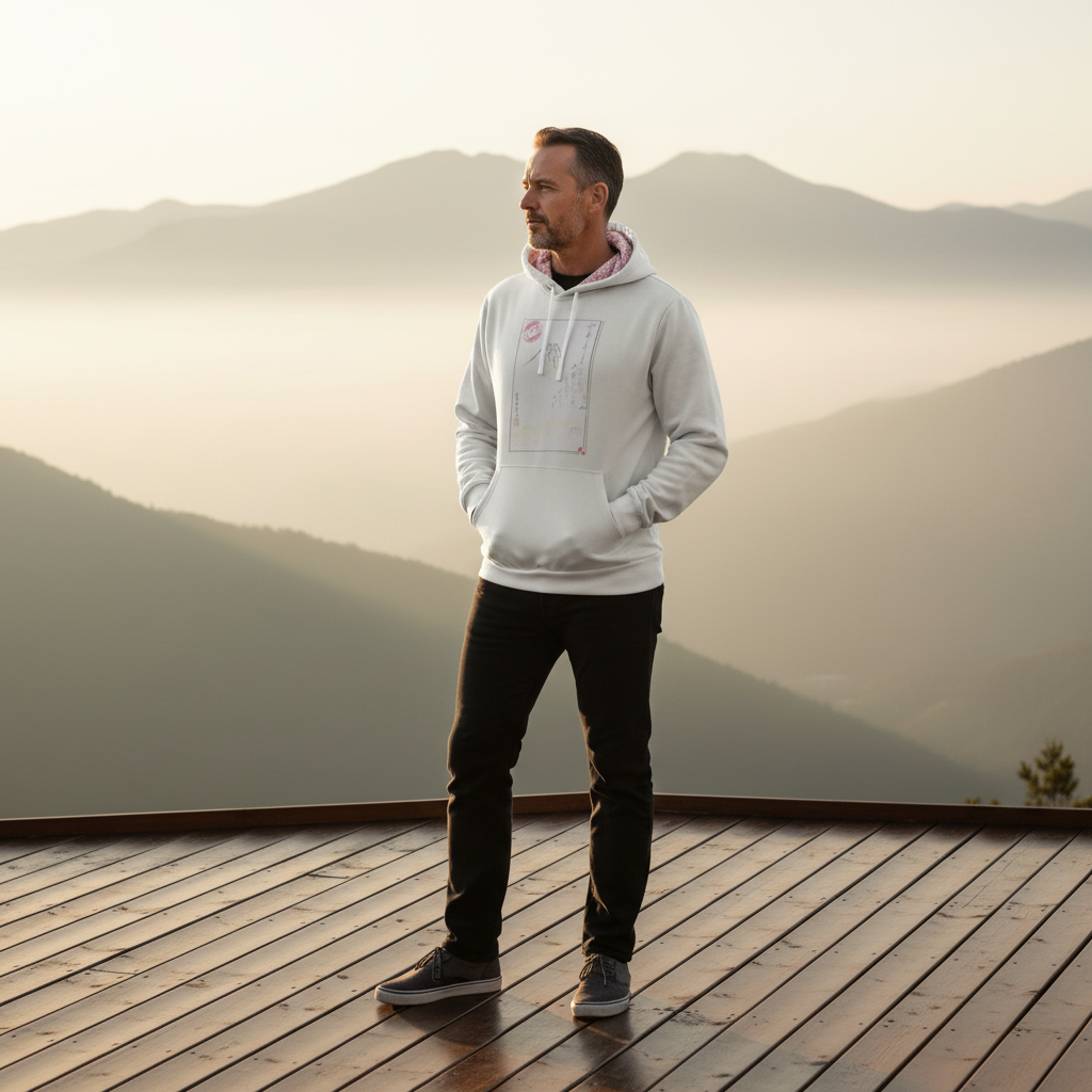 Man wearing a white hoodie standing on a wooden deck with mountains in the background