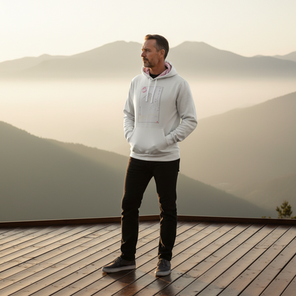 Man wearing a white hoodie standing on a wooden deck with mountains in the background