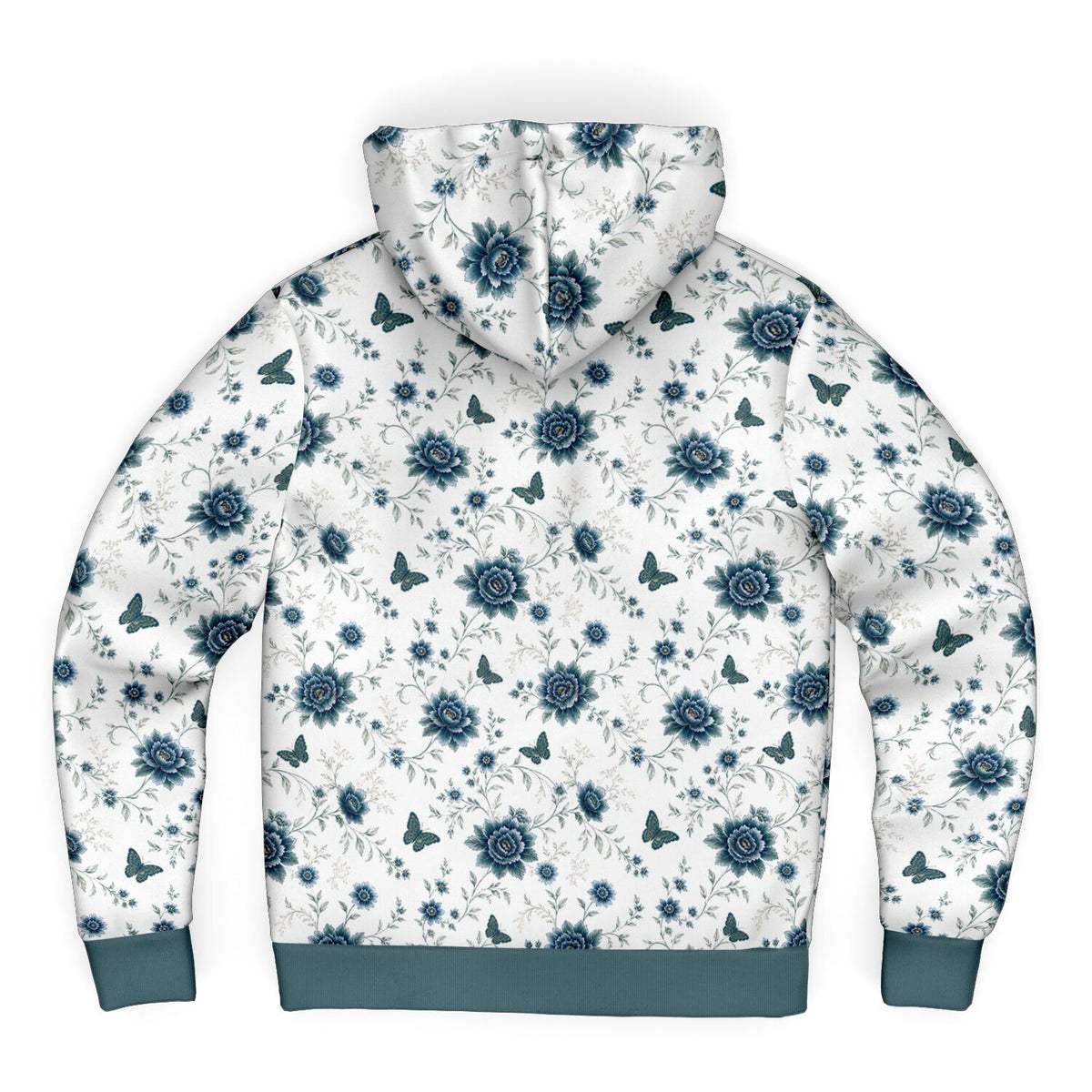 A white hooded sweatshirt shown from the back, featuring an all-over blue floral and butterfly pattern with solid blue ribbed cuffs and hem.