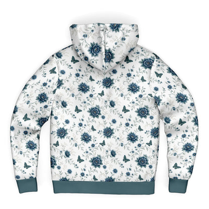 A white hooded sweatshirt shown from the back, featuring an all-over blue floral and butterfly pattern with solid blue ribbed cuffs and hem.