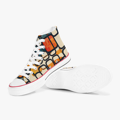 Colorful high-top sneakers with abstract pattern on a white background
