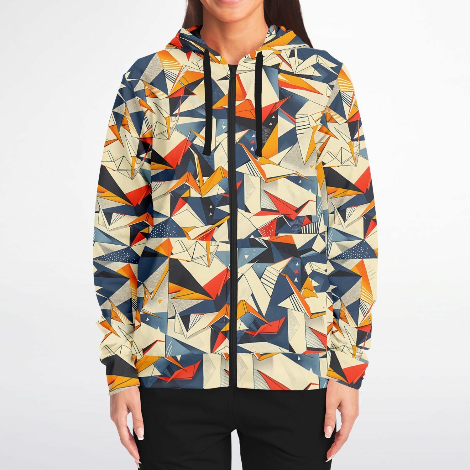 Abstract Geometric Origami Style Zip - Up Hoodie - 