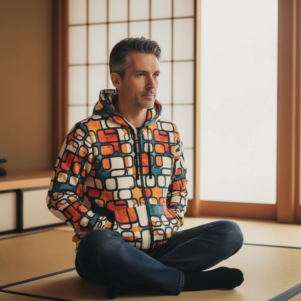 Man sitting on the floor wearing a colorful geometric-patterned jacket in a traditional Japanese room.