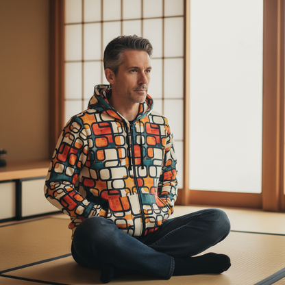 Man sitting on the floor wearing a colorful geometric-patterned jacket in a traditional Japanese room.