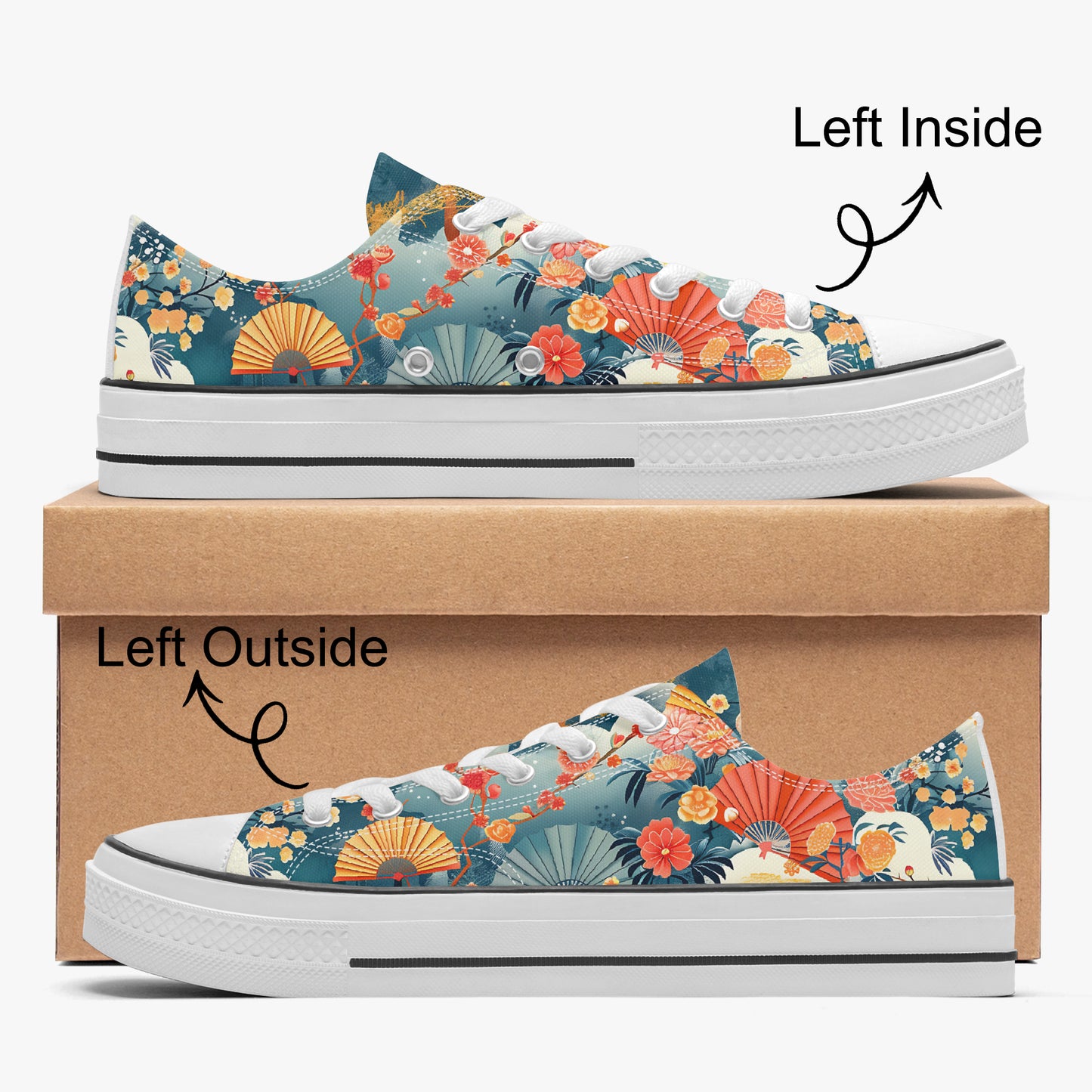 Floral patterned sneakers on a matching box with directional labels.