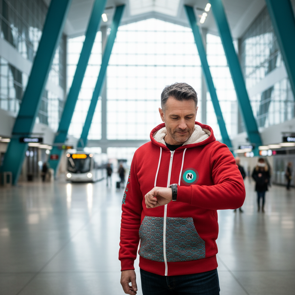 Man in a red hoodie with a logo looking at his watch in a modern indoor setting