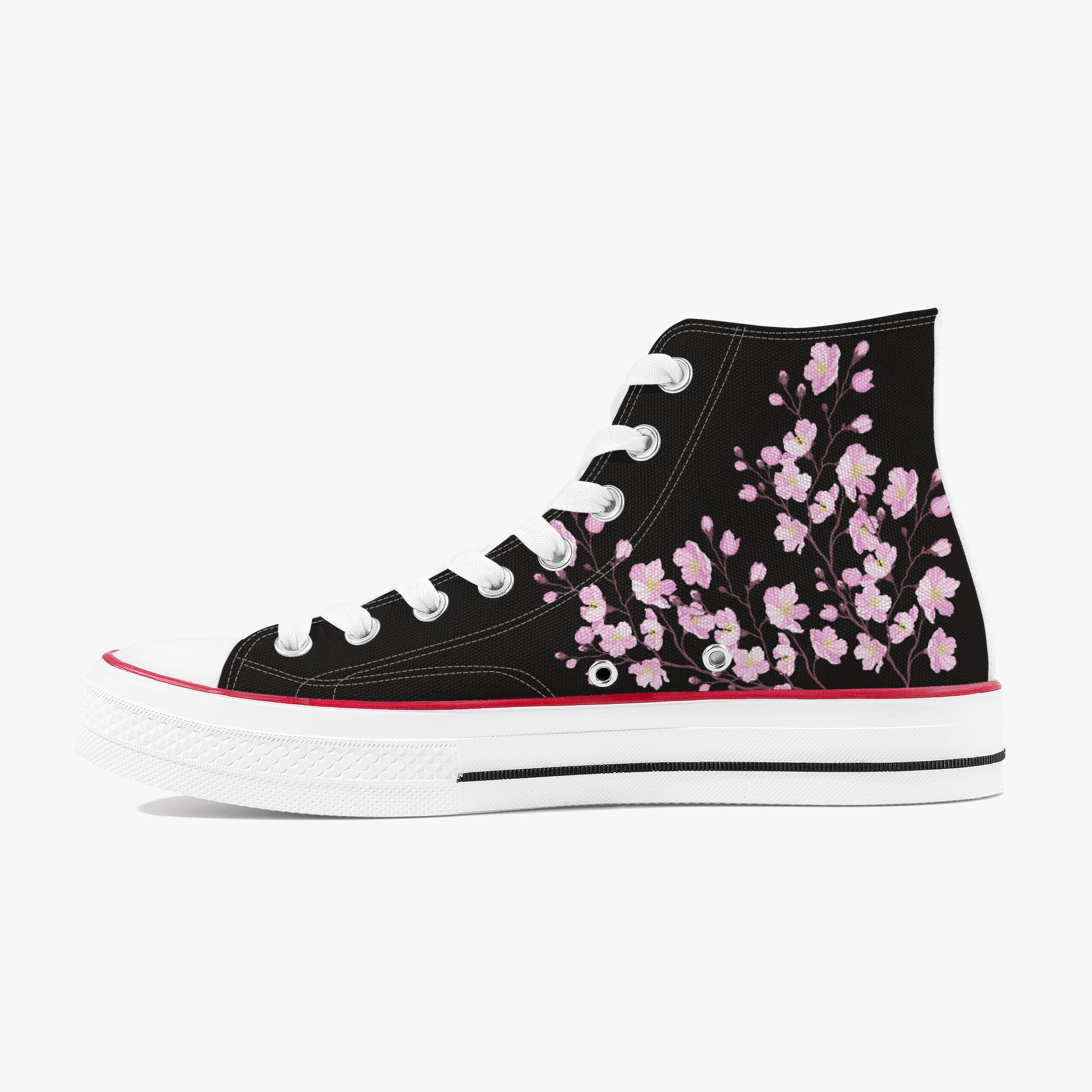 Black high-top sneaker with pink floral design on a white background