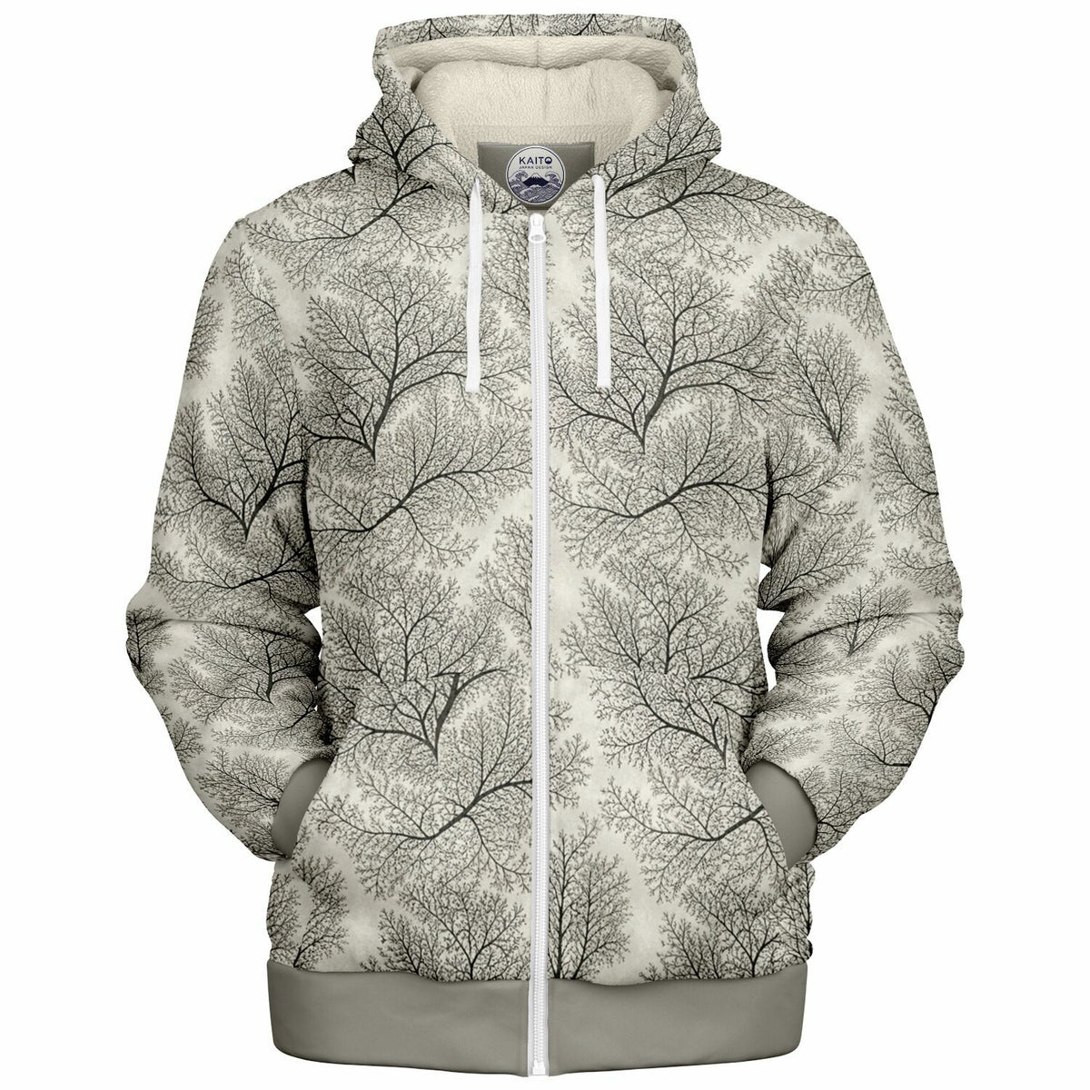 A zip-up hoodie featuring an all-over black tree branch pattern on a warm off-white background, with a solid gray ribbed hem and cuffs, white drawstrings, and a white front zipper.
