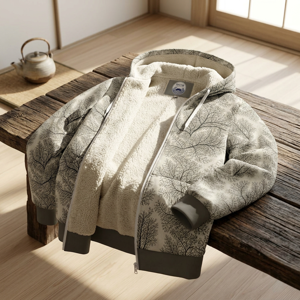 A hooded zip-up jacket with a soft fleece lining, featuring a light beige and gray tree branch pattern on the exterior, draped over a rustic wooden bench in a sunlit room.
