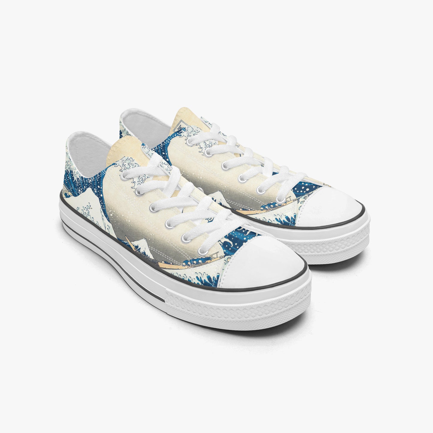 Pair of sneakers with a mountain and wave design on a white background