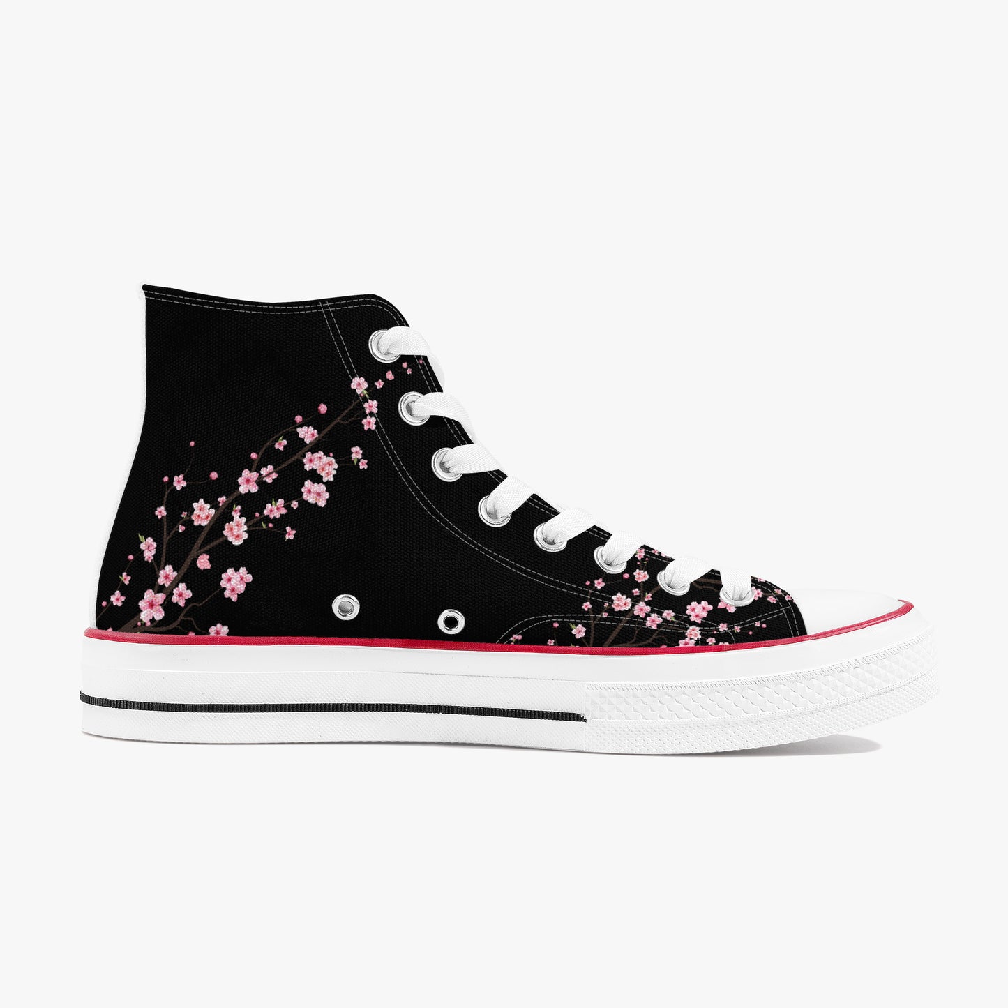 Navy blue high-top sneaker with floral designs on a white background