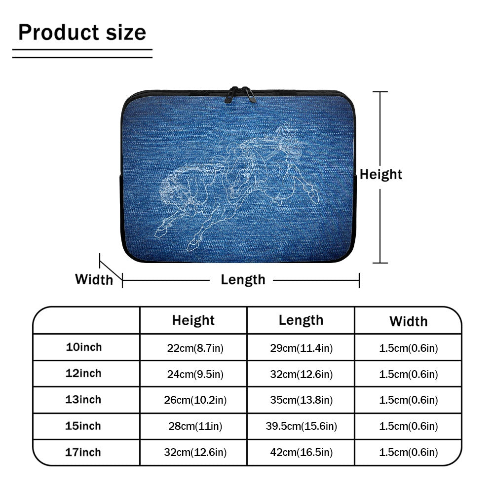 Blue laptop sleeve with white horse design and size chart on a white background